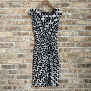Lauren Ralph Lauren Black & White Geometric Print Dress w/ Twisted Rouched Waist